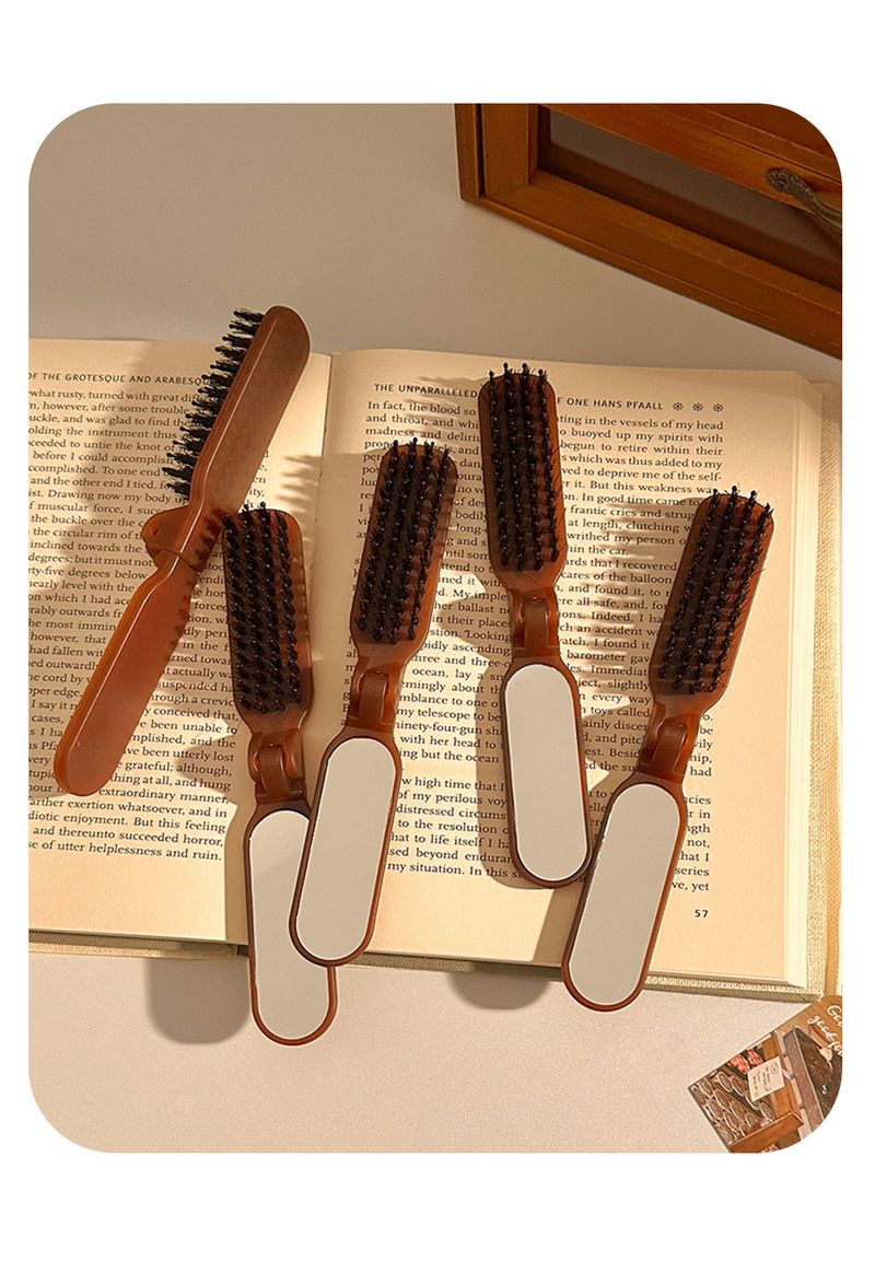 Folding Boar Bristle Comb With Mirror Integrated Portable Travel Massage Comb Women's Bangs Fluffy Hair Comb_voghion.com