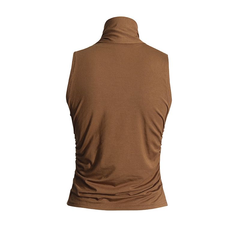Abbigliamento da donna, top senza maniche con colletto a volant, nuovo temperamento, design con lacci plissettati, vestibilità attillata._voghion.com