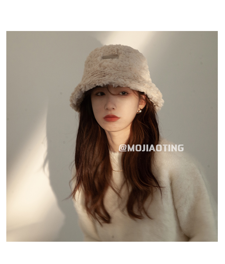Japanische Damen-Neusilber-Label-Plüsch-Fischermütze mit großer Krempe, Herbst- und Winter-verdickter Warmwasser-Eimerhut,_voghion.com