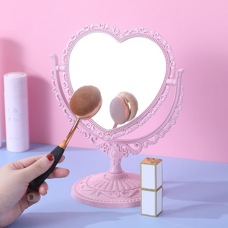 Makeup Mirror Desktop Double-sided Pink Heart Shape Girls Student Dormitory Nordic Style Rotating Home Dressing Tool Colors_voghion.com