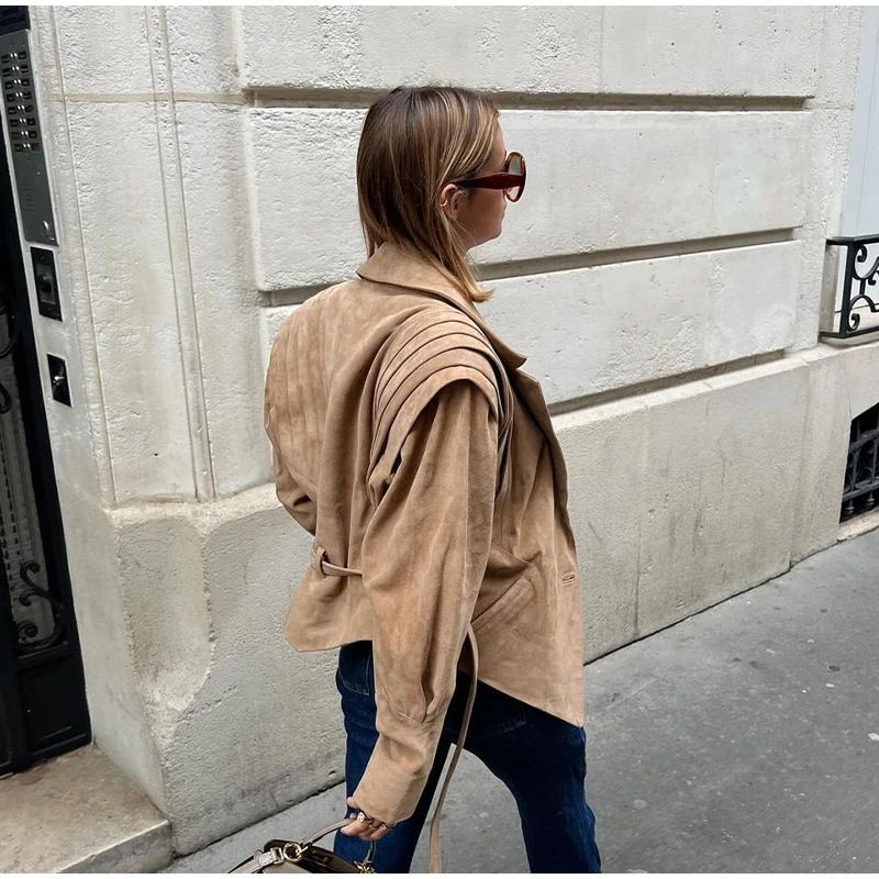 Women's Fashion Belted Cropped Jacket - Streetwear Style With Adjustable Waist Tie - Suede & Polyester Blend - Short Outerwear For Fall & Winter_voghion.com