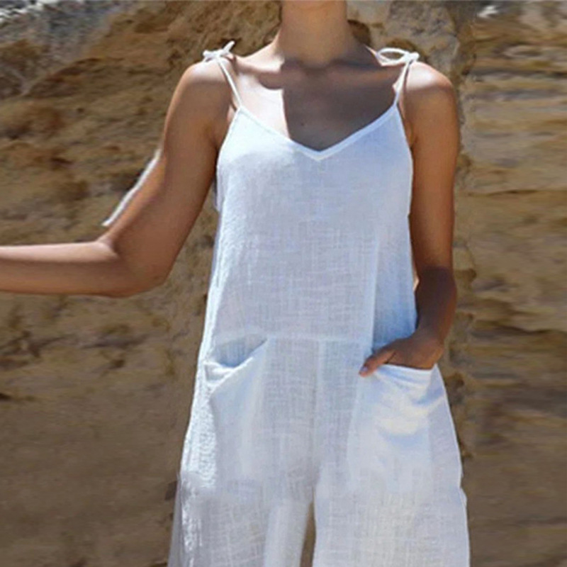 Damen-Overall aus einfarbigem Bambus-Leinen mit sexy Hosenträgern_voghion.com