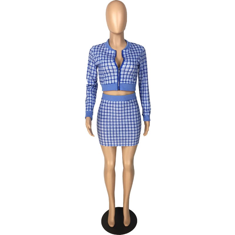 Abito da donna in due pezzi a maniche lunghe filettato stampato stampato alla moda in stile piccolo profumo_voghion.com