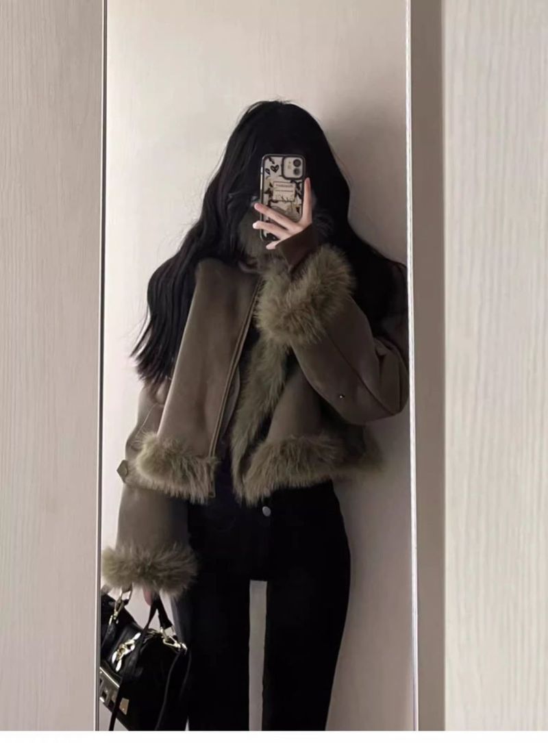 Cappotto corto in pelle di pecora scamosciata per donna, giacca da motociclista piccola spessa di alta qualità per autunno inverno_voghion.com