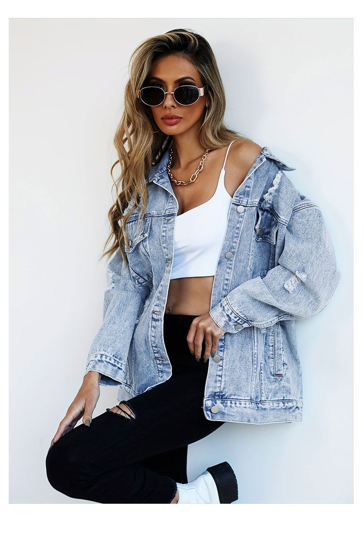 Distressed Denim Jacket Women's Oversized Streetwear Coat With Unique Ripped Design, Casual Loose Fit, Long Sleeve, Blue_voghion.com