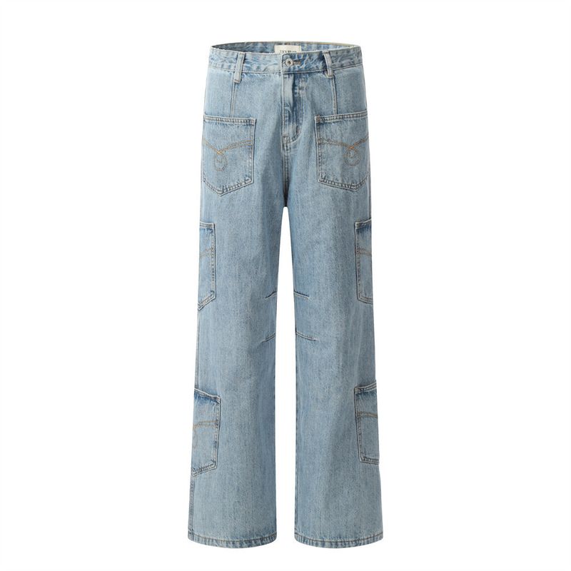 Design Sense, pantaloni cargo in denim multitasche da uomo, lavato, con tasca applicata ricamata, personalità di nicchia, gamba dritta_voghion.com