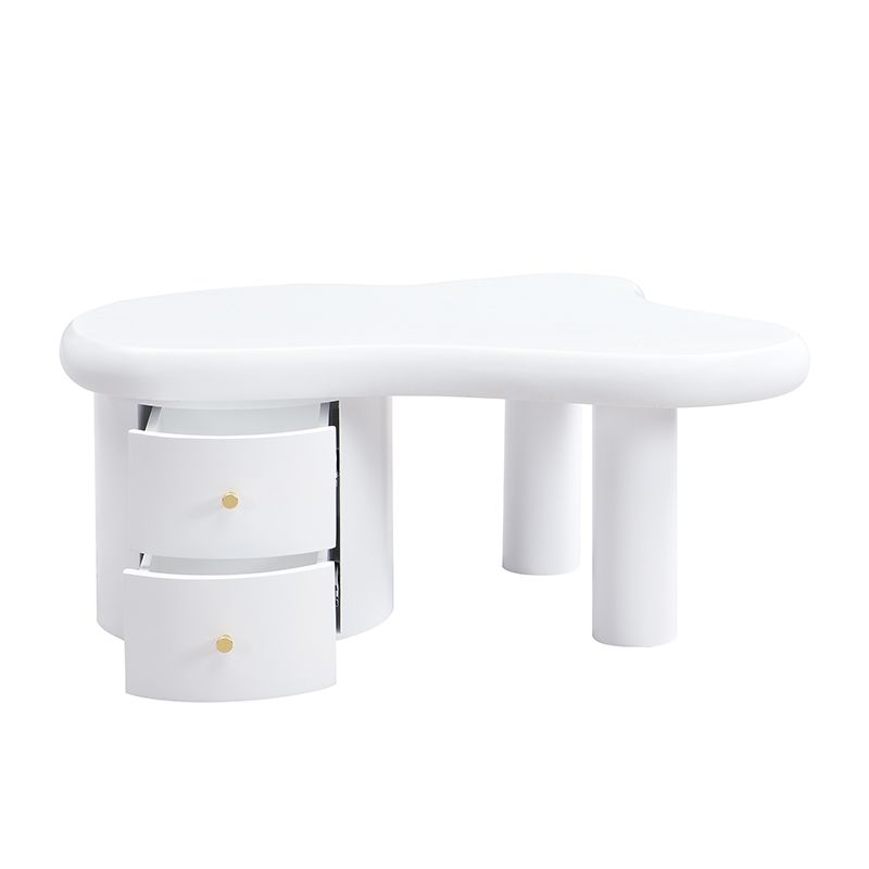 Table basse blanche moderne de forme irrégulière avec 2 tiroirs, design compact et élégant, robuste et pratique pour le salon et une utilisation polyvalente._voghion.com