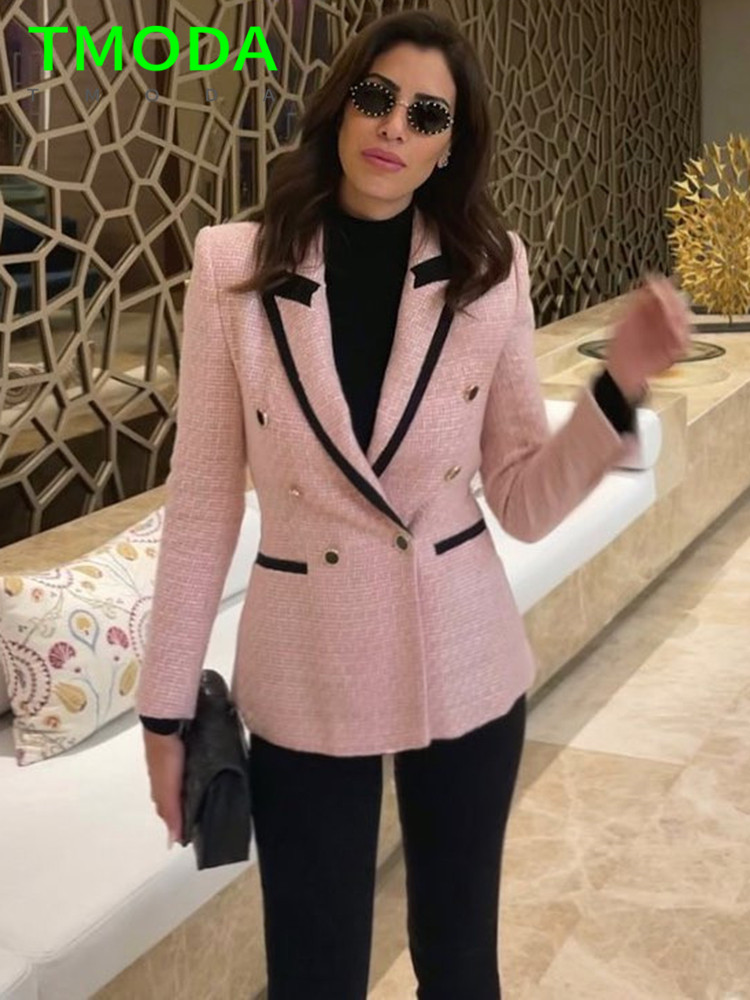 T MODA Dámské elegantní růžové texturované dvouřadé tvídové sako s dlouhým rukávem a kapsami, kabáty, dámská móda, streetwear topy_voghion.com