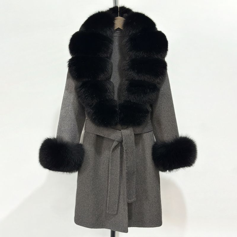 Women's Long Wool & Cashmere Coat With Real Fox Fur Collar - Double-Faced Winter Trench Coat, Slim Fit Belted Dressy Outerwear, Elegant Overcoat (S/M)_voghion.com