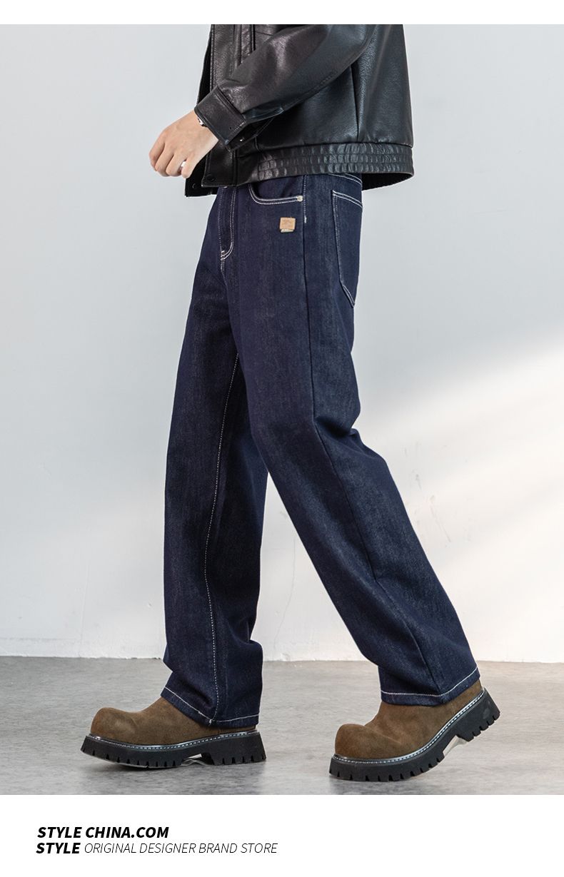 Primärfarbe Verdicktes Lyocell Blau Original Kuh Schwarz Gerader Stil Trendy Brand Herrenjeans Mittlere Taille Trendy Brand Line Design_voghion.com