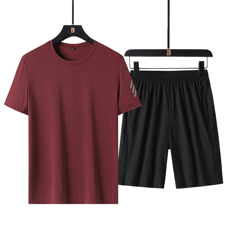Costume de sport pour hommes, course à pied, loisirs, soie glacée, T-Shirt à manches courtes, Short extensible respirant, deux pièces_voghion.com