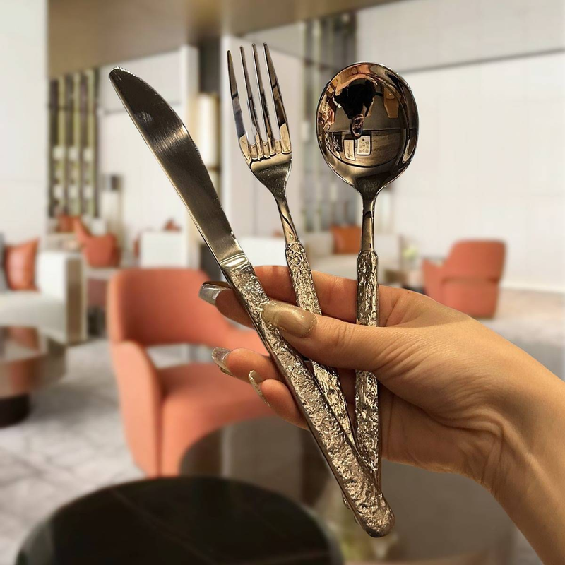 3-Piece Stainless Steel Steak Knife and Fork Set with Stone Texture Premium Steak Knife, Fork, and Spoon Utensil Set_voghion.com
