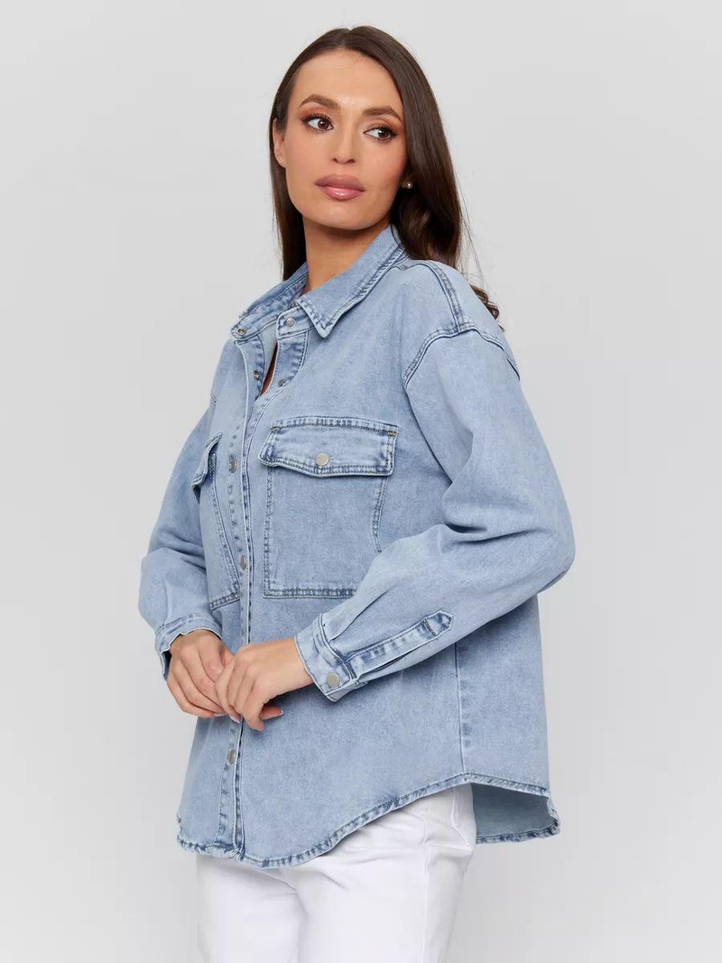 Jeanshemd in Übergröße – Übergroßes, lässiges Chambray-Oberteil mit Knopfleiste für Damen, leichte, locker sitzende Jeansjacke für Damen_voghion.com