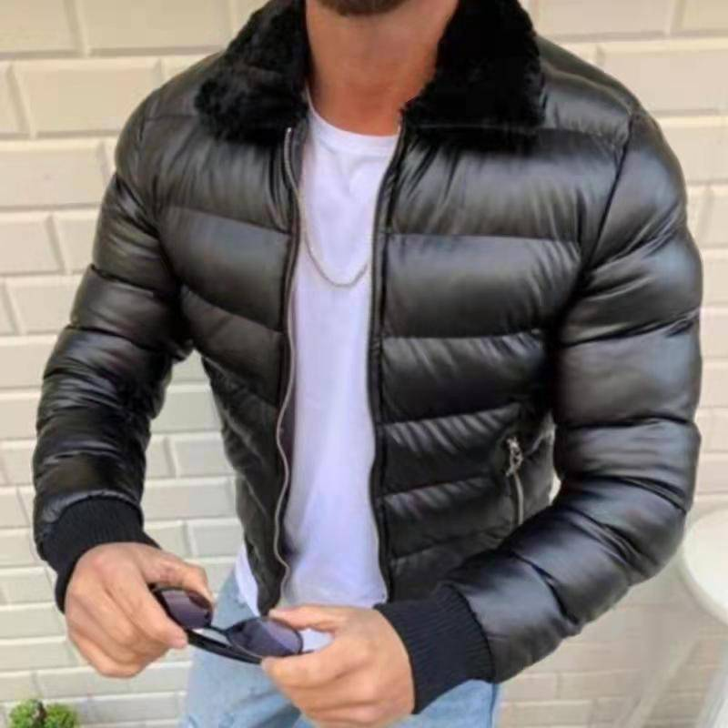 Men's Faux Leather Jacket With Detachable Fur Collar - Slim Fit Winter Coat, Polyester Shell & Cotton Lining, Zip-Up Biker Style (Black, S-5XL)_voghion.com