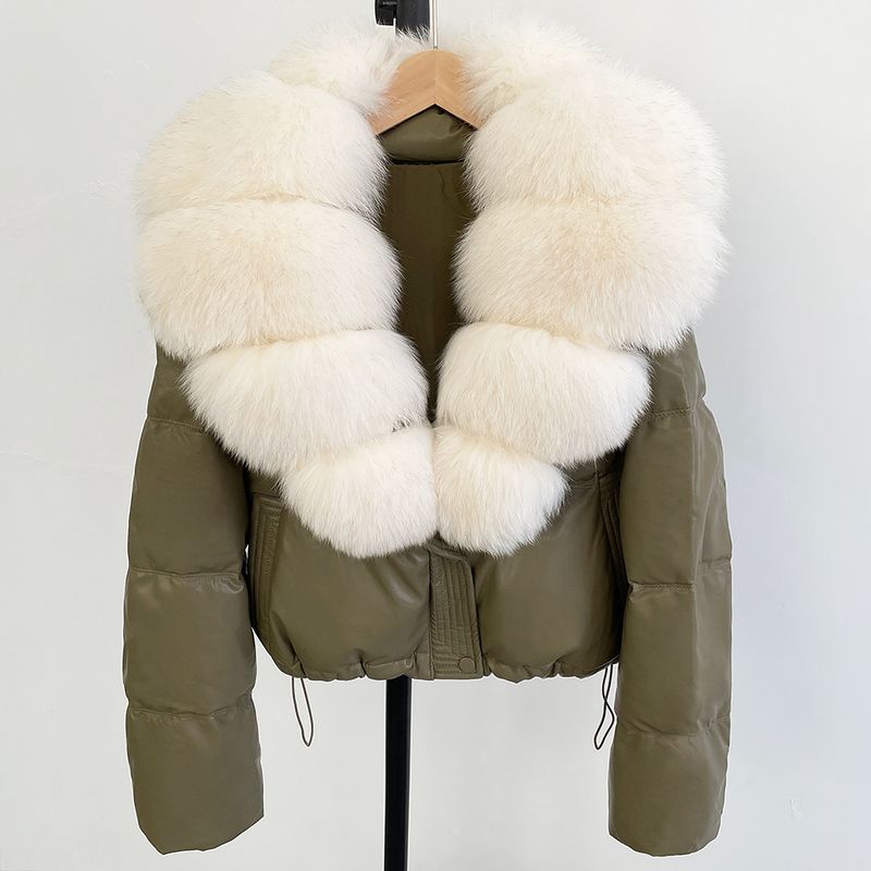 Luxury Fox Fur Trim Short Down Jacket For Women, Warm Winter Coat With Detachable Hood, Slim Fit Puffer Coat For Petite, Casual & Elegant Outerwear_voghion.com