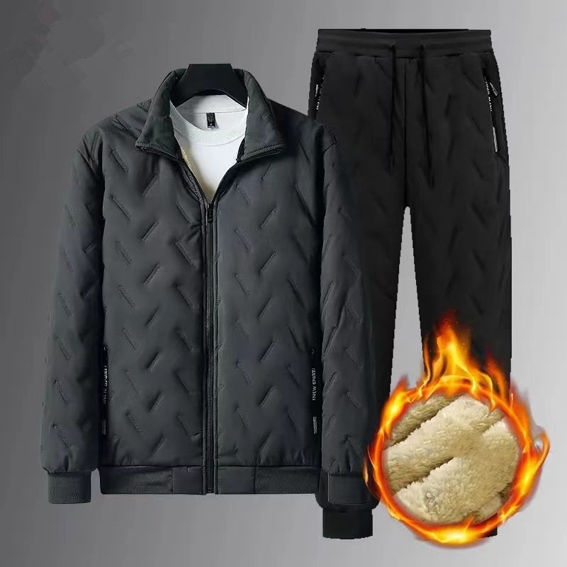 Men's Fleece-Lined Winter Tracksuit Set - Cozy Thermal Jacket & Jogger Pants For Cold Weather (Black/Grey Color Options)_voghion.com