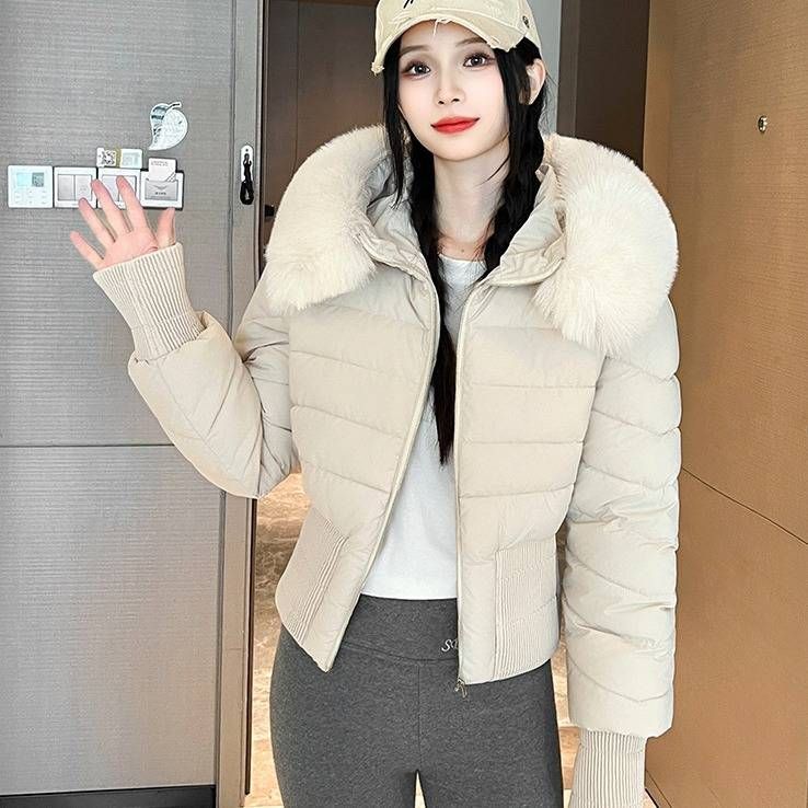Pufferjacke mit Kunstpelzkapuze für Damen, Winterkurzmantel mit abnehmbarem Kragen, Slim Fit, gesteppte Oberbekleidung in Schwarz/Braun/Creme_voghion.com