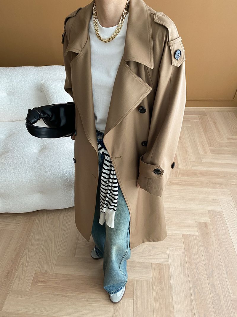Trench lungo doppiopetto minimalista di lusso da donna, antipiega, per autunno inverno_voghion.com