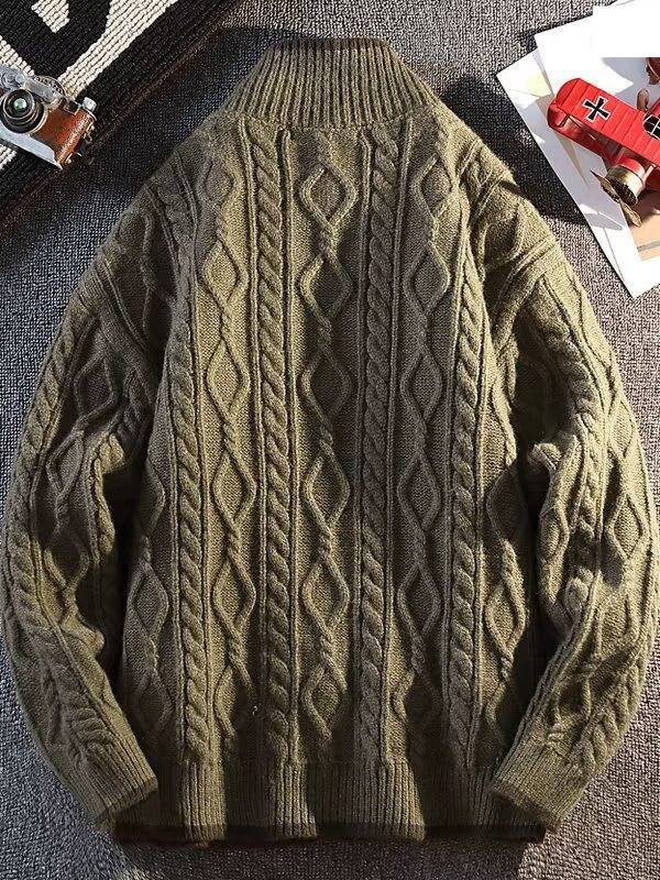 Cardigan da uomo in maglia a trecce con collo alto - Maglione retrò a blocchi di colore per autunno e inverno (blu, caffè, dalla S alla XXXL)_voghion.com