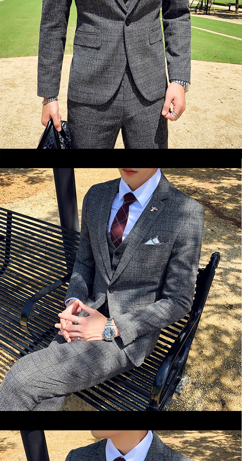 Men's Three-piece Suit Korean Style British Slim Plaid Wedding Casual Three-piece Suit_voghion.com