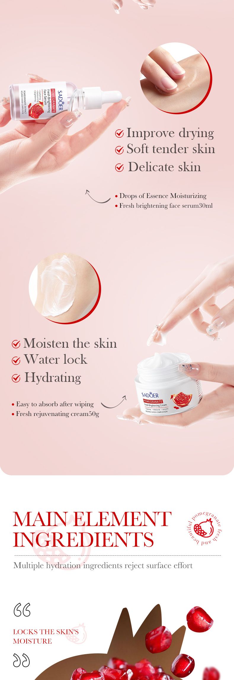 SADOER Pomegranate Fresh Beauty Six-piece Set, Hydrating And Moisturizing Facial Care, Skin Care Product Set_voghion.com