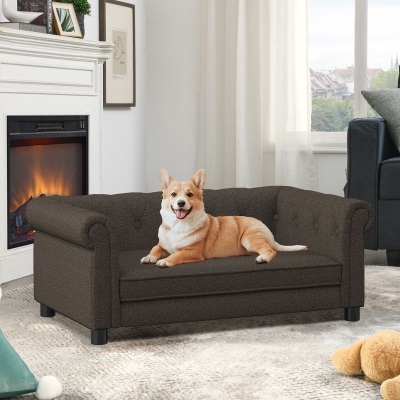 Elegant Rectangular Pet Bed For Small And Medium-sized Dogs, Durable Elevated Dog Sofa Bed, Comfortable Dog Sofa, Modern And Fashionable Linen Fabric Dog Sofa-Dark Brown_voghion.com