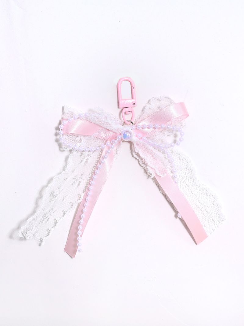 French Style Pearl Lace Bow Keychain For Women Sweet Elegant Earphone Case Bag Car Key Pendant_voghion.com