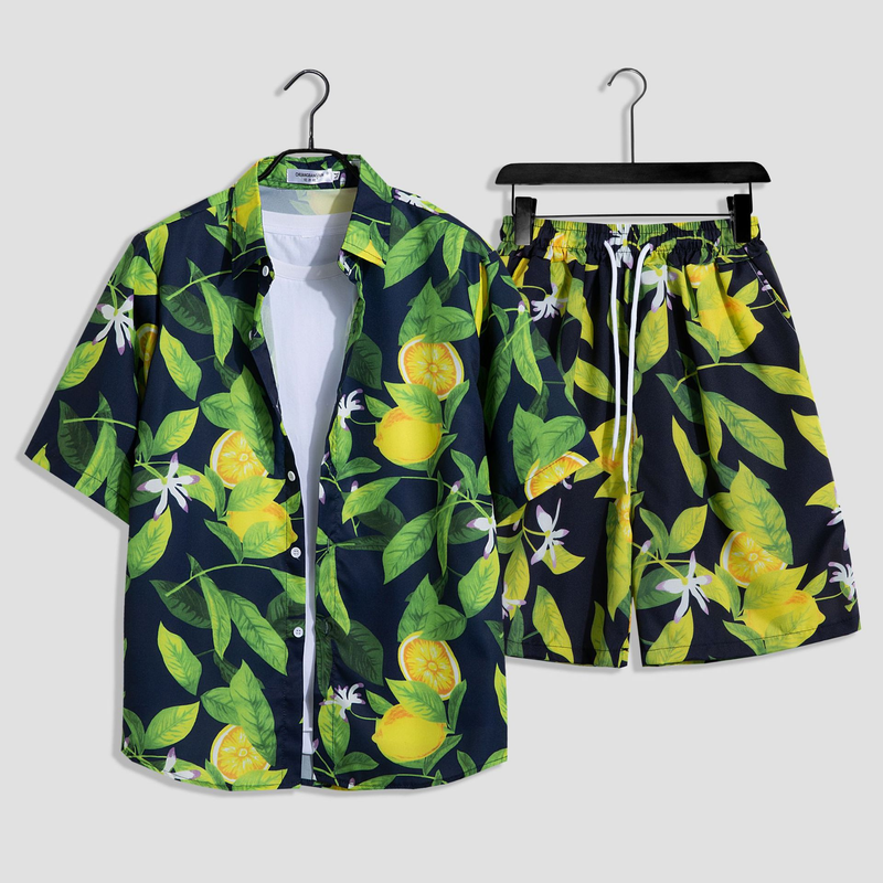 Herenkleding aan zee, strandvakantie, losse heren, plus size paar, trendy bloemenoverhemd met korte mouwen, casual tweedelige set_voghion.com