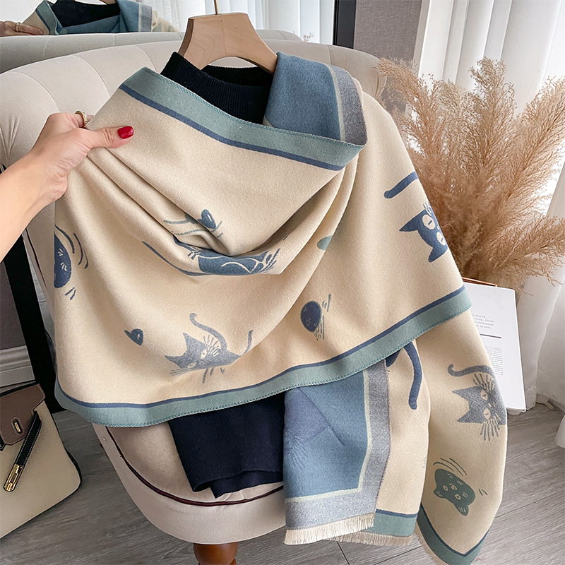 2023 nuova moda coreana versatile dolce e carina piccola sciarpa calda in cashmere con nappa jacquard fresca_voghion.com