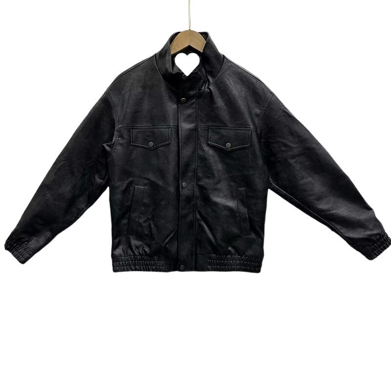 Suitable For All Seasons Maillard Embossed PU Leather Motorcycle Jacket For Men, Spring And Autumn Season, Trendy Stand Collar, Stylish Casual_voghion.com
