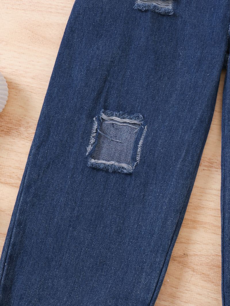 Mutter & Kinder Kinderkleidung Mädchen Sommer Pit Einfarbig Ärmellos Off Shoulder Pullover Zerrissene Jeanshose Zweiteiliges Set_voghion.com