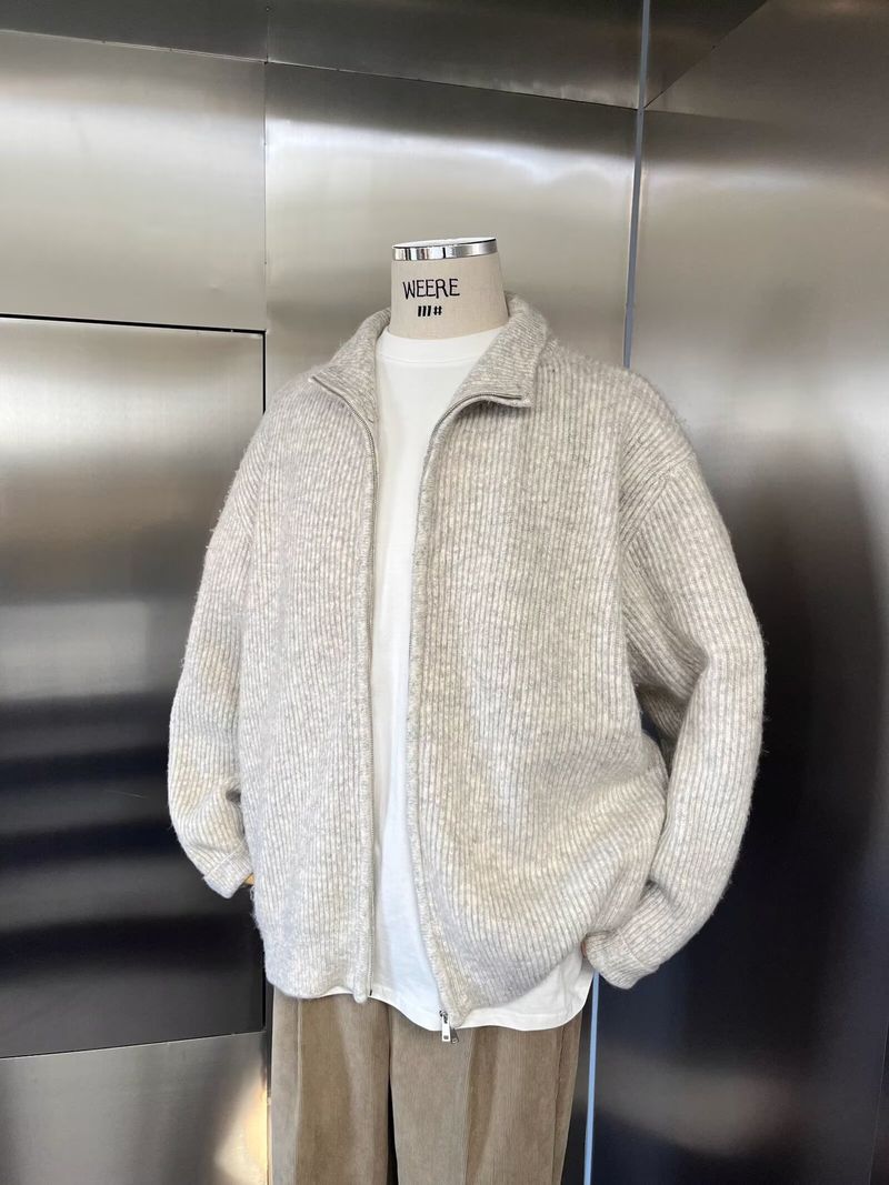 Cardigan da uomo in maglia premium con cerniera - Maglione comodo e ampio con collo alto per l'inverno, casual ed elegante (disponibile in grigio chiaro e nero)_voghion.com