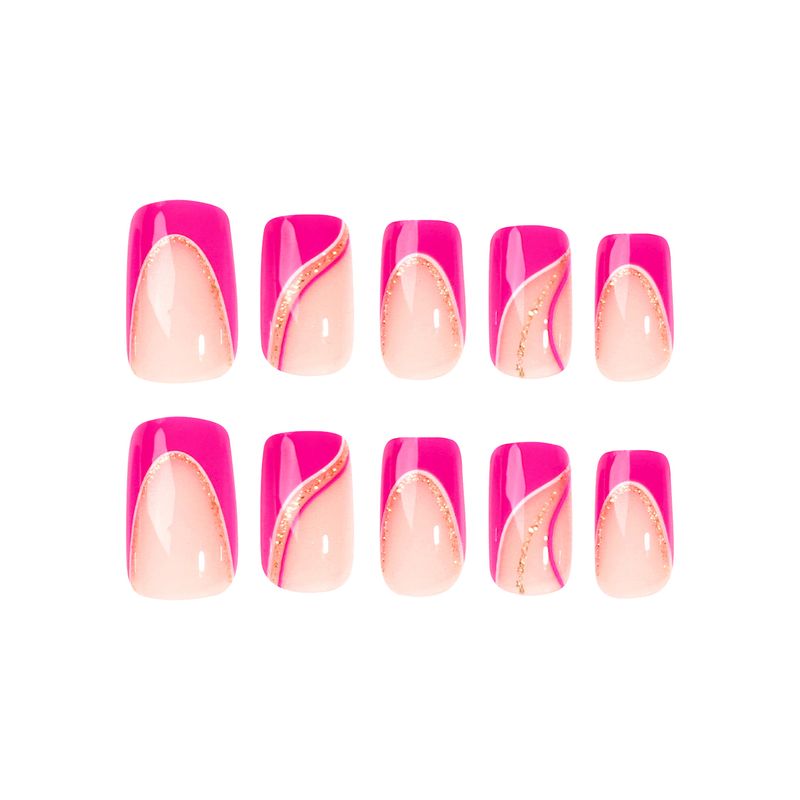 Tragen Sie Nagellack in rosarotem French-Stil mit weißen Linien und goldenem Glitzerpulver, abnehmbares Fertigprodukt für_voghion.com