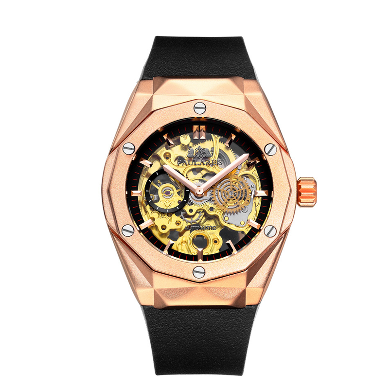 Orologio da uomo meccanico automatico con nastro in oro rosa cavo_voghion.com