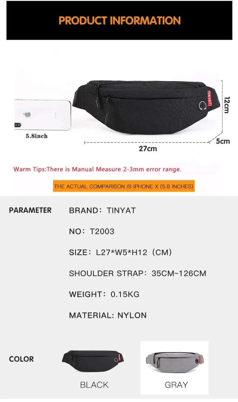 TINYAT Marsupio da uomo, borsa casual grande per telefono, marsupio da donna, marsupio da viaggio con tasche laterali a banana 250614l_voghion.com