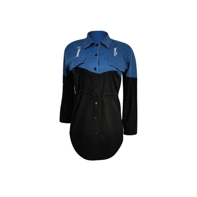 Moda femminile Camicia in denim alla moda con gonna slim fit allacciata_voghion.com