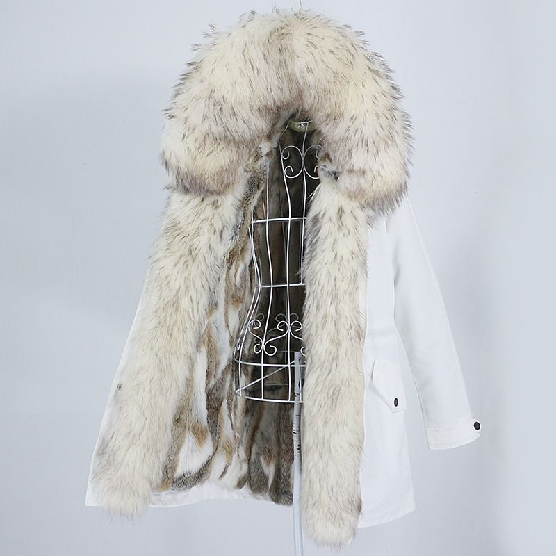 Damenbekleidung Abnehmbarer Innenmantel mit Fuchspelzkragen Mittellang Modischer warmer Kapuzenmantel_voghion.com