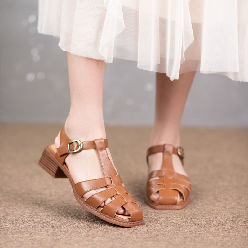 Gewebte Zehenpartie für Damen mit T-Riemen, Sandalen im römischen Stil, echtes Leder, erste Schicht Rindsleder, niedriger Absatz_voghion.com