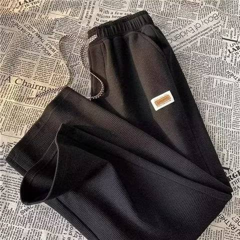 Men's Clothing Waffle Plus Velvet Sports Pants Loose High Street Straight Wide Leg Label Casual Pants_voghion.com