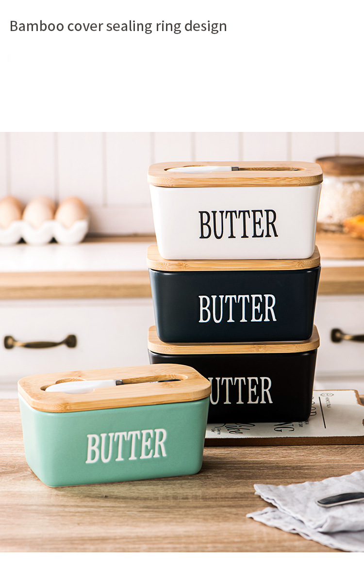 Ceramic Butter Dish With Wooden Lid & Built-in Knife Clear Window Refrigerator Storage Container For Cheese Butter_voghion.com