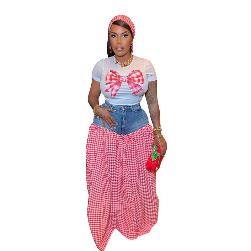 Ropa de mujer, camiseta ajustada estampada con costuras a cuadros, cintura alta, pantalones holgados informales de pierna ancha, conjunto de dos piezas_voghion.com