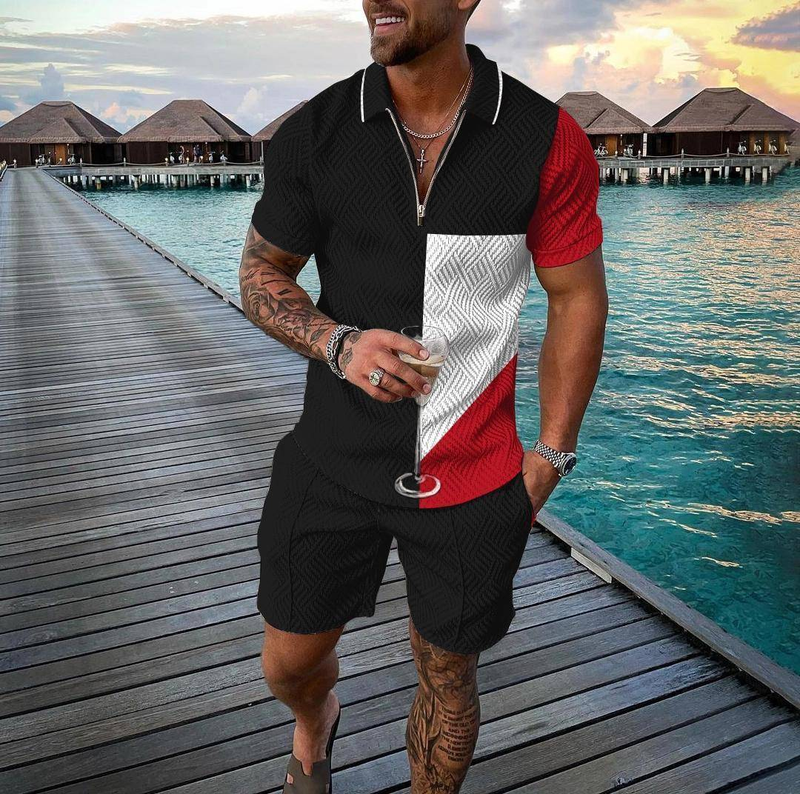 Neues modisches Poloshirt-Set mit Reißverschluss für Herren, lässig, mit 3D-Druck, kurzärmelige Hemden und Shorts_voghion.com