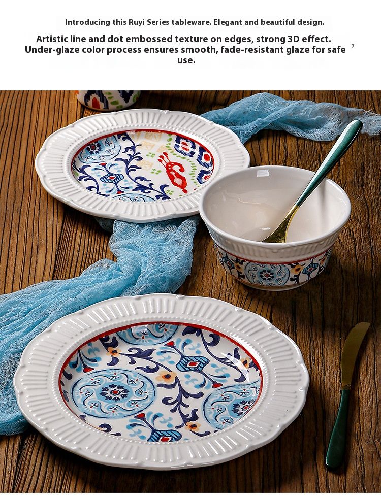 Japanese-Style Ceramic Dinner Plate – 9 Inch Hand-Painted Floral Embossed Stoneware, Microwave Safe, Elegant Tableware For Home & Restaurant_voghion.com