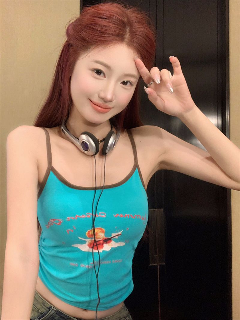 Printed Angel Drawstring Strap Beautiful Back Underwear Women's Fixed Cup with Cushion Anti Light Out Wear Breathable_voghion.com