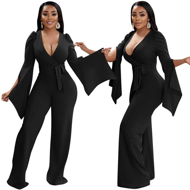 Dametøj nyt produkt ensfarvet sexet dyb V-rem plisseret brede ærmer lange bukser jumpsuit til kvinder_voghion.com