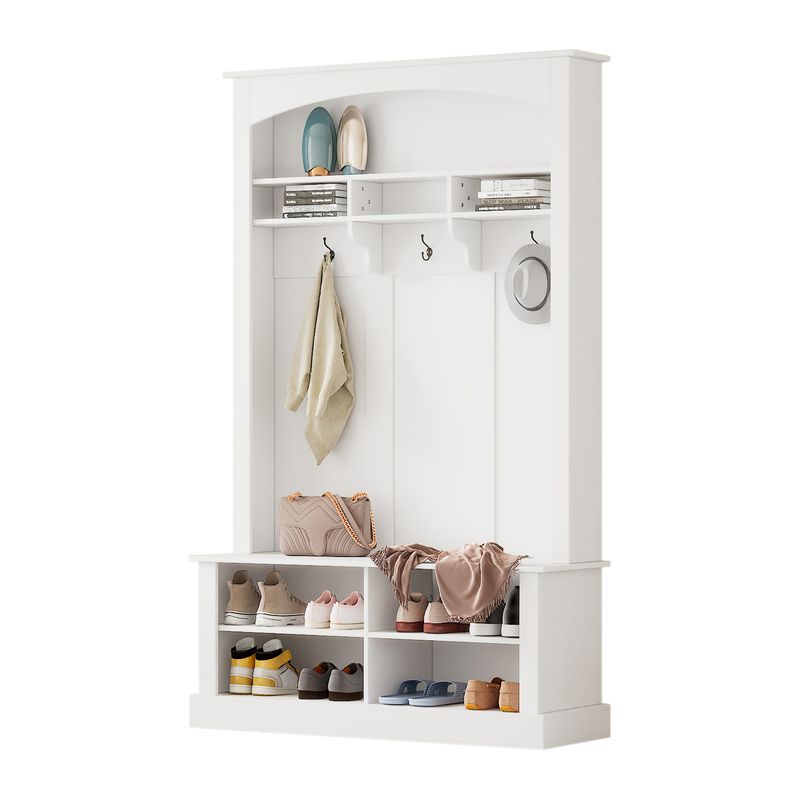 Garderoben-Set Mit Bank Und Schuhablage, 3 Haken, Stauraum, H190xB120xT40 Cm, Weiß_voghion.com