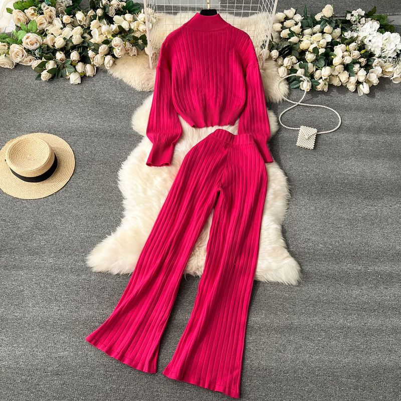 Pull côtelé à col haut pour femme, pantalon large taille haute, style décontracté, costume deux pièces_voghion.com