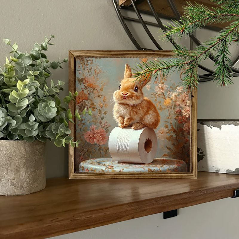 8x8" Rustic Bunny On TP Roll Wood Sign - Whimsical Floral Wall Art For Bathroom/Café, Perfect Rabbit Lover's Decor_voghion.com