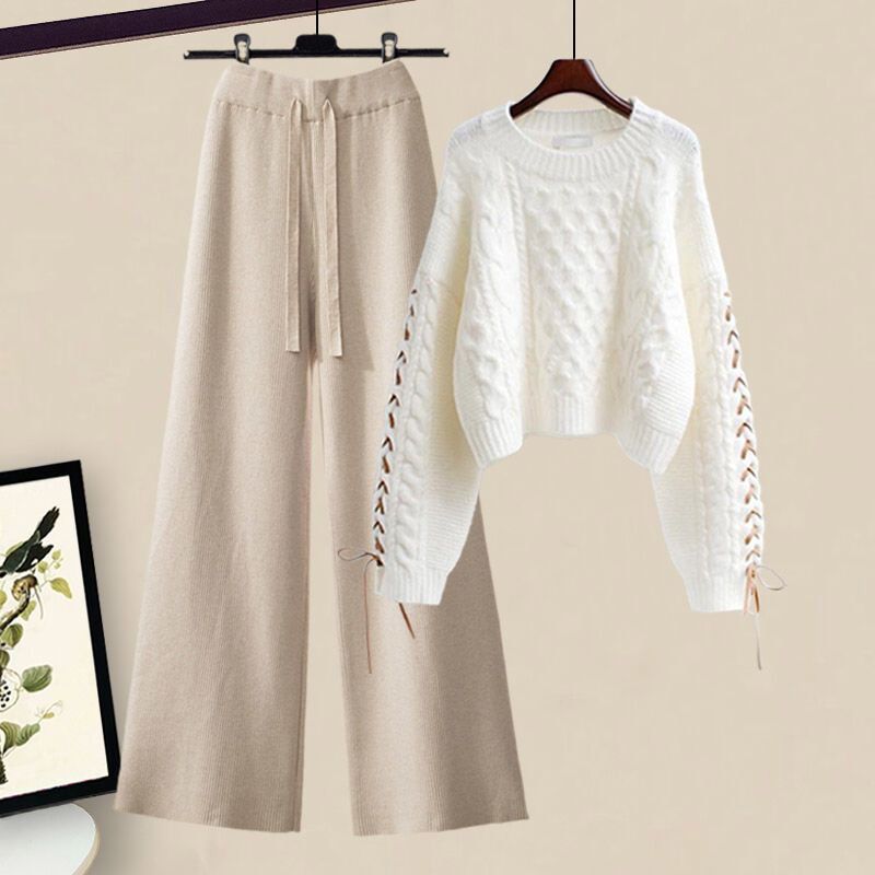 Completo da donna in maglia taglie forti e pantaloni a gamba larga - Completo coordinato due pezzi casual e comodo per l'autunno (grigio, bianco e nero)_voghion.com
