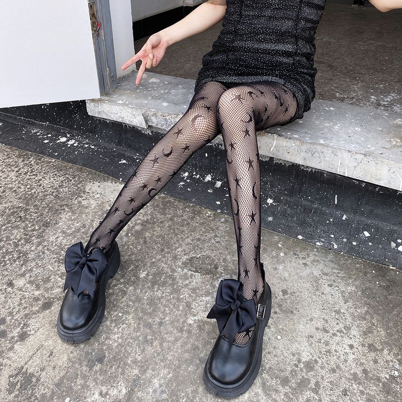 LuvBox Calzini a rete sottili JK con motivo a stelle e luna e celebrità di Internet, con base nera_voghion.com